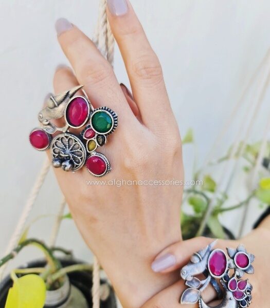 Antique Oxidized Statement Stone Ring with Bold Stone Centerpiece