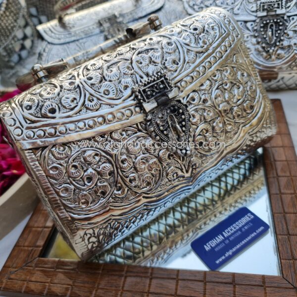 Antique Handcrafted Metallic Carved Brass Bag with Intricate Carved Detailing