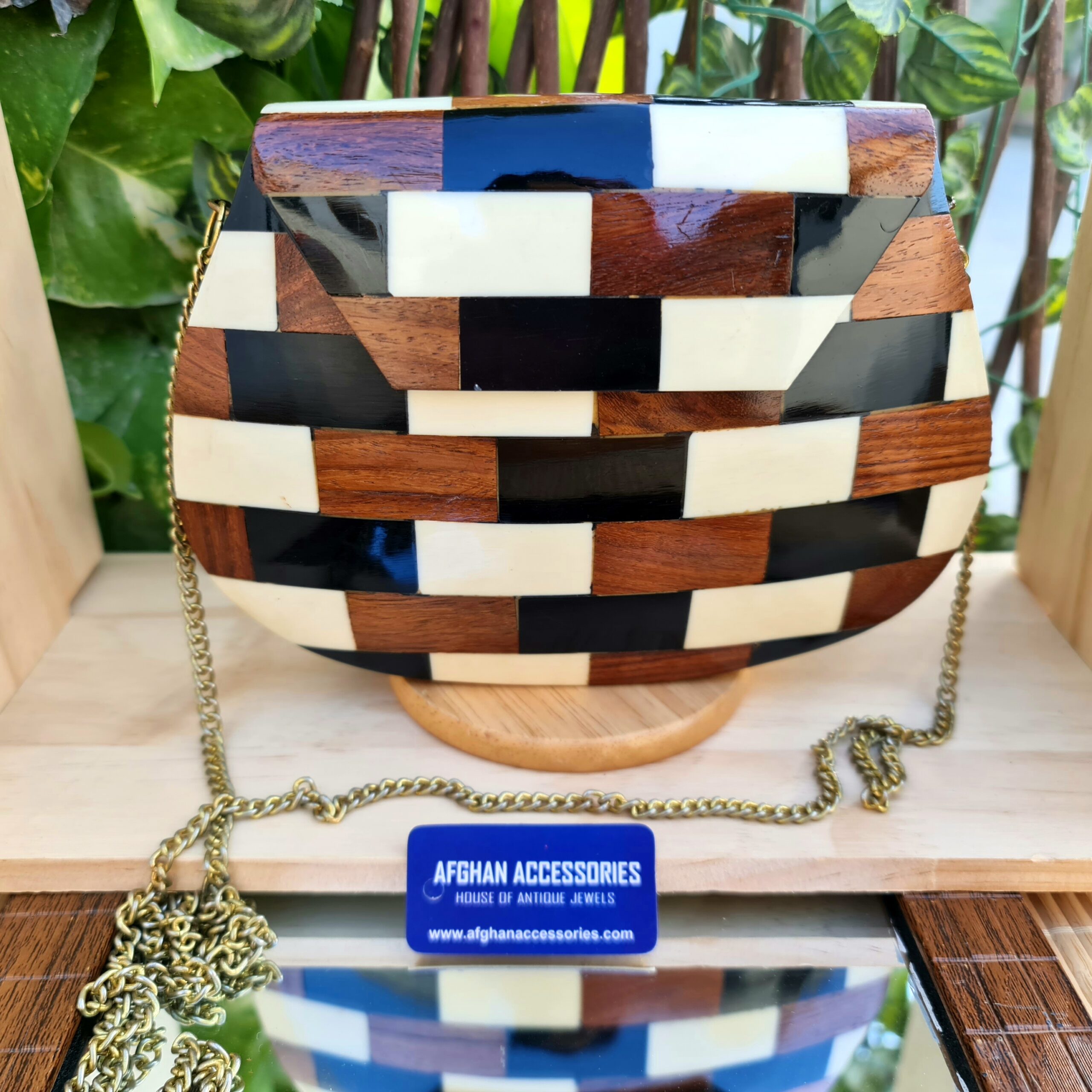 Antique Handcrafted Wooden Mosaic Clutch with Intricate Mosaic Detailing