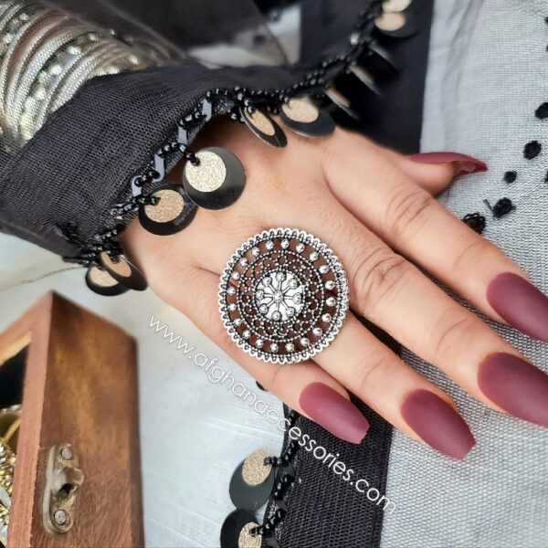 Antique Oxidized Carved Ring with Intricate Handcrafted Traditional Design