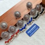Antique Oxidized Phulkari Bandhai Earrings with Ring - Image 2