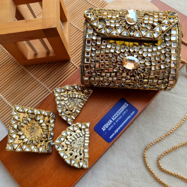 Kundan Bridal Clutch Bag with Matching Studs and Ring