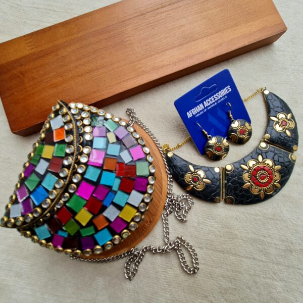 Antique brass handcrafted mosaic mirror bag with matching mirror set