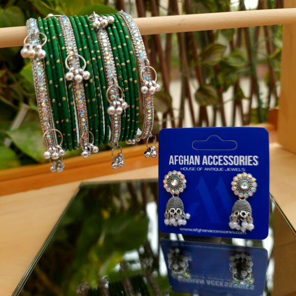 Azadi Deal Metallic Rhinestone Kashmiri Bangles with Antique Jhumki for Women